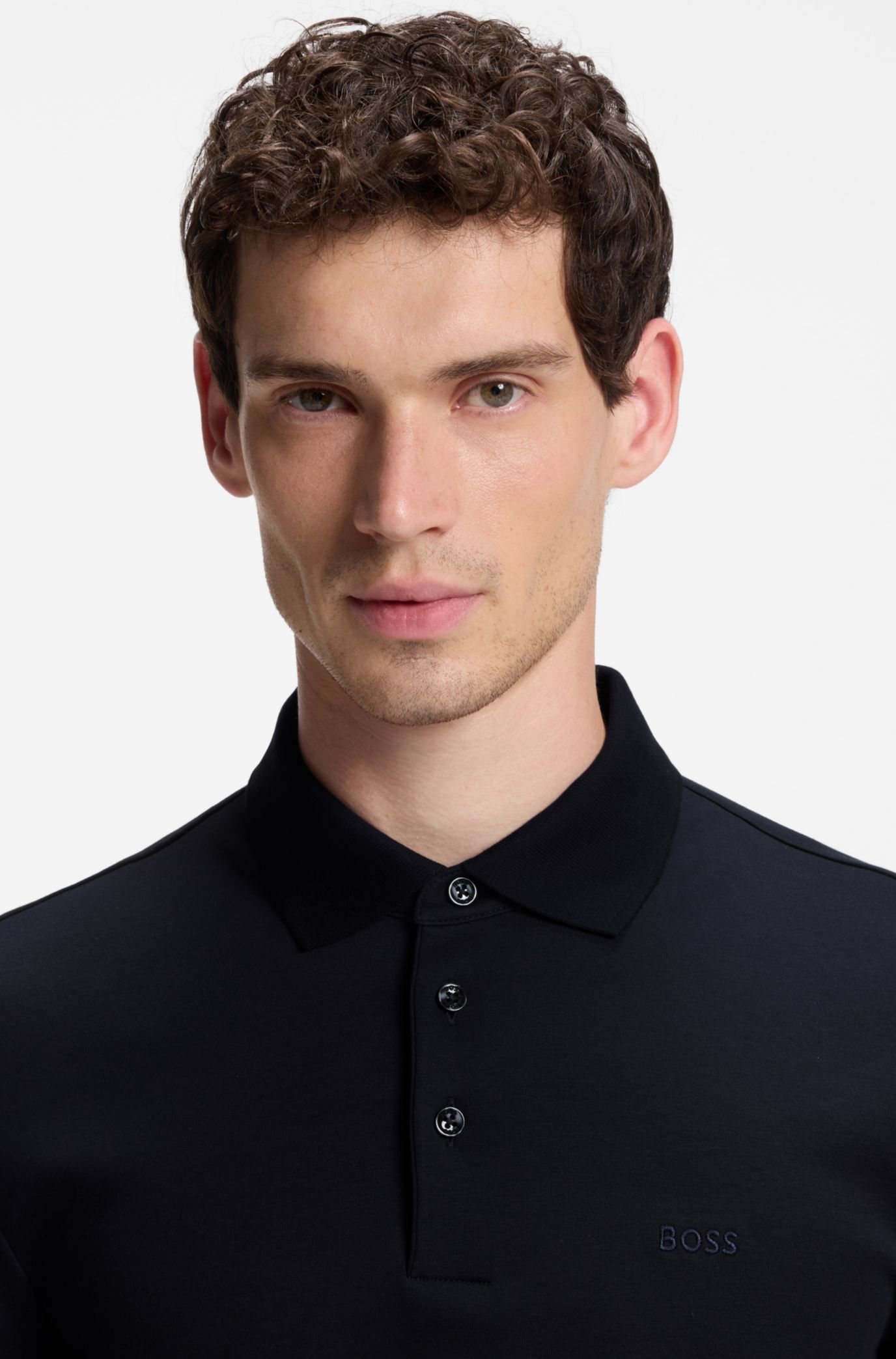 Long-sleeved polo shirt in interlock cotton with logo, Dark Blue