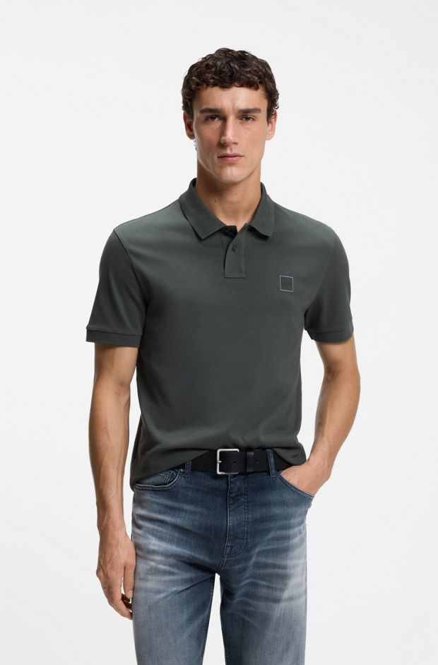 Stretch-cotton slim-fit polo shirt with logo patch, Dark Green
