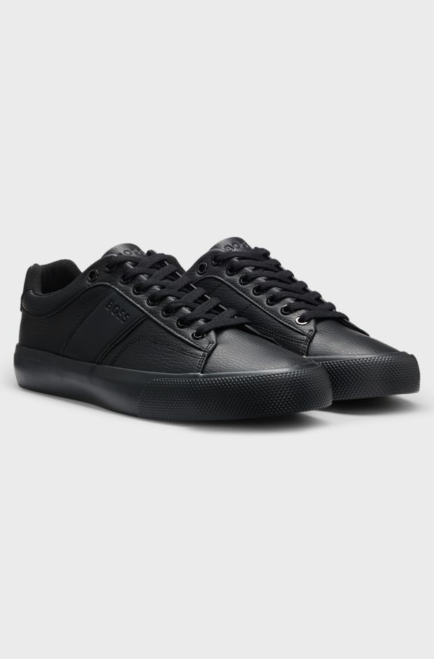 Faux-leather trainers with plain and grained textures, Black