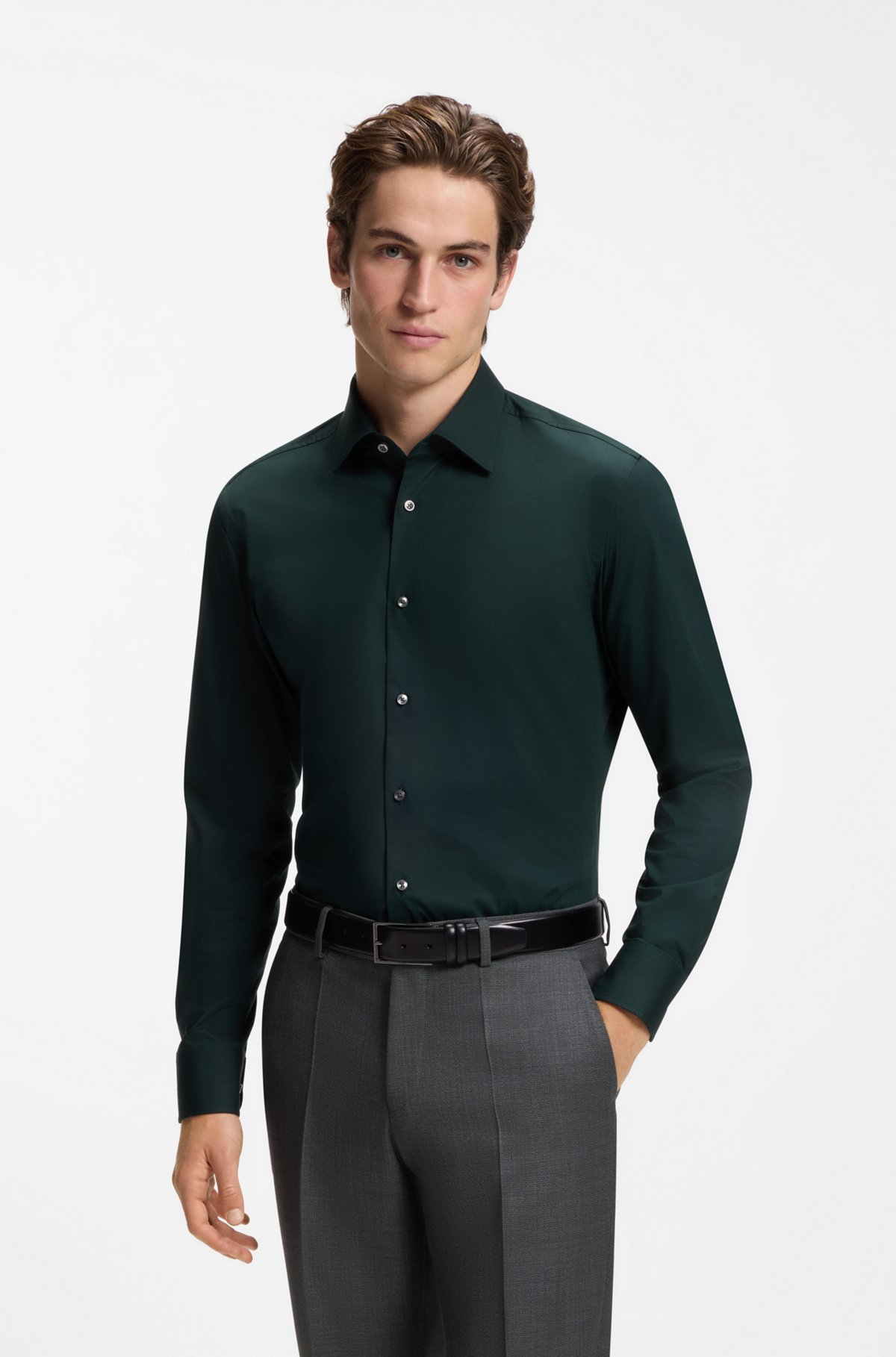 Slim-fit stretch-cotton shirt, Dark Green