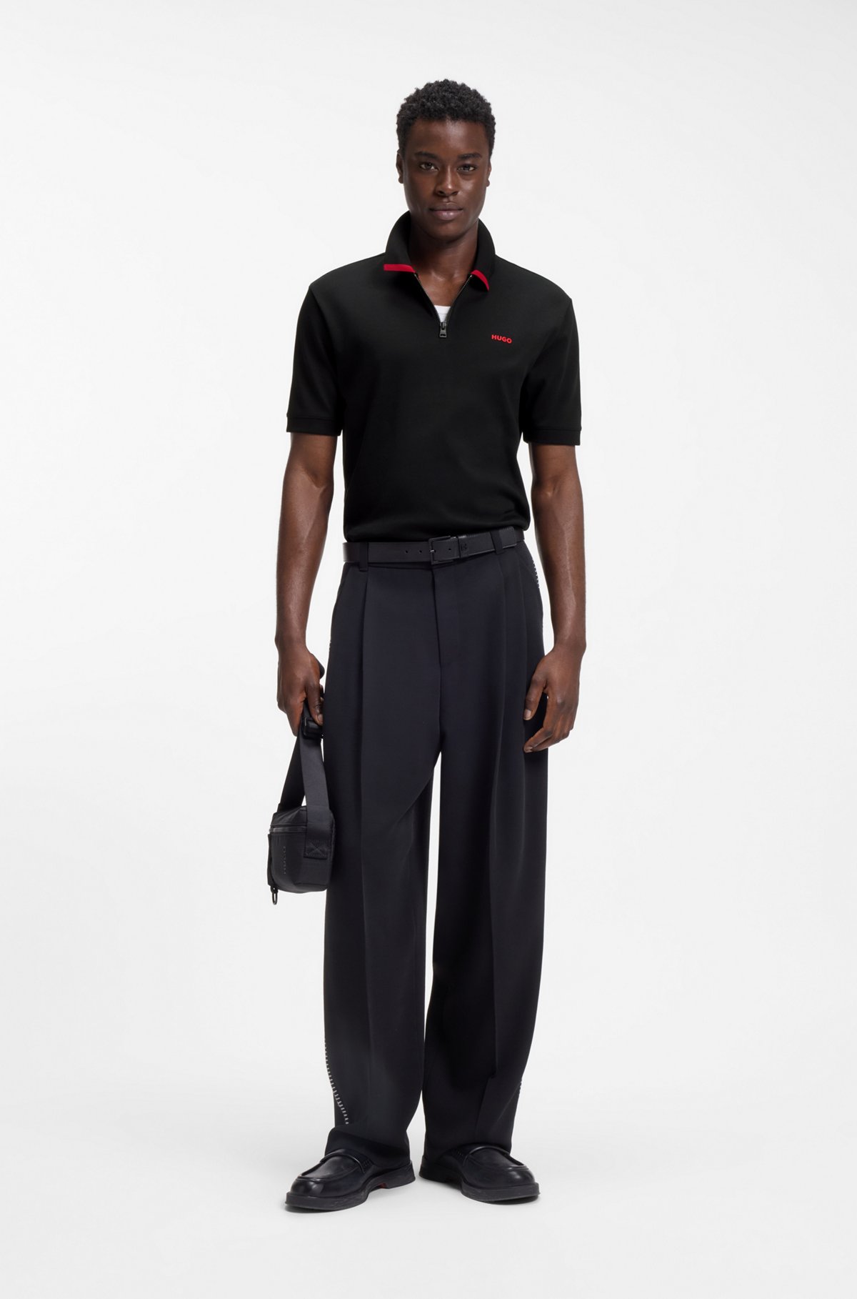 Cotton piqué polo shirt with zip neckline, Black