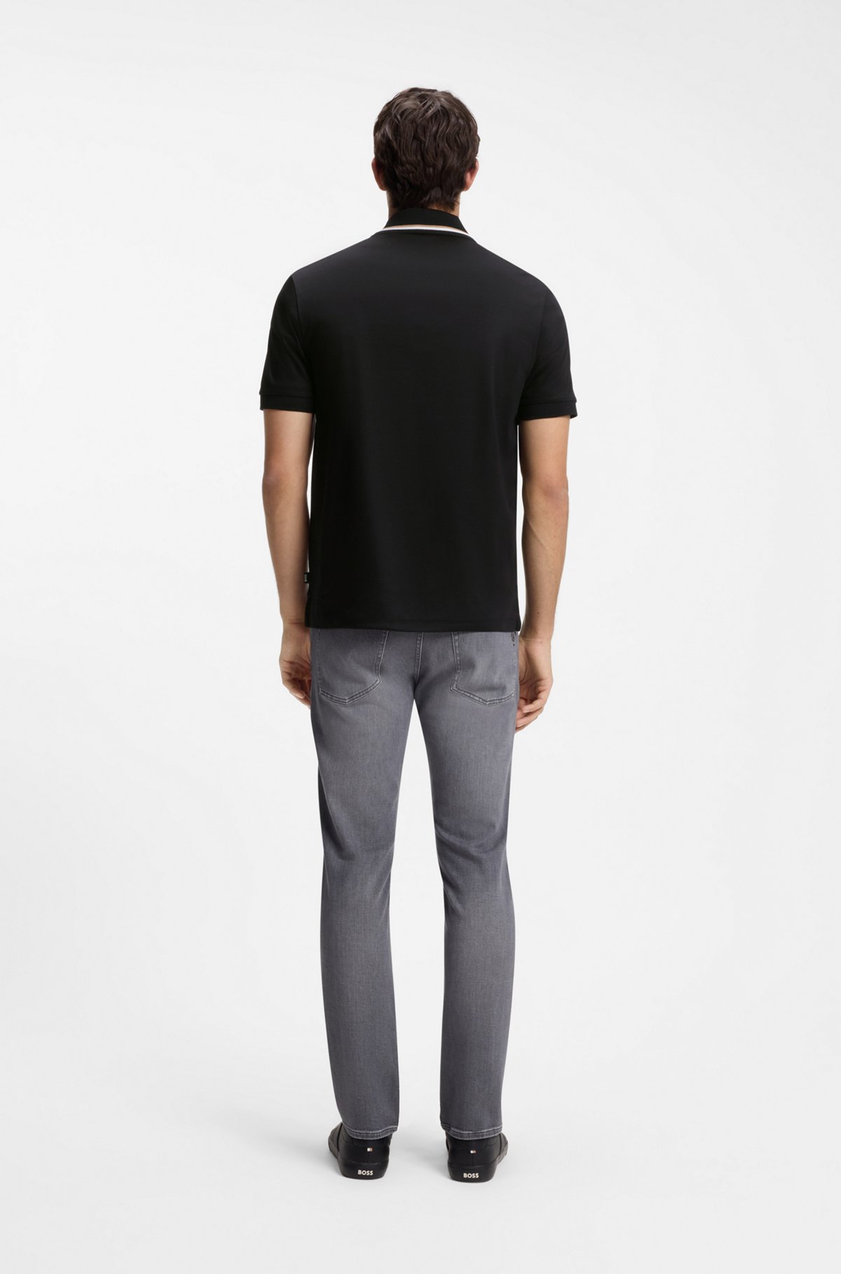 Slim-fit polo shirt in cotton with striped collar, Black