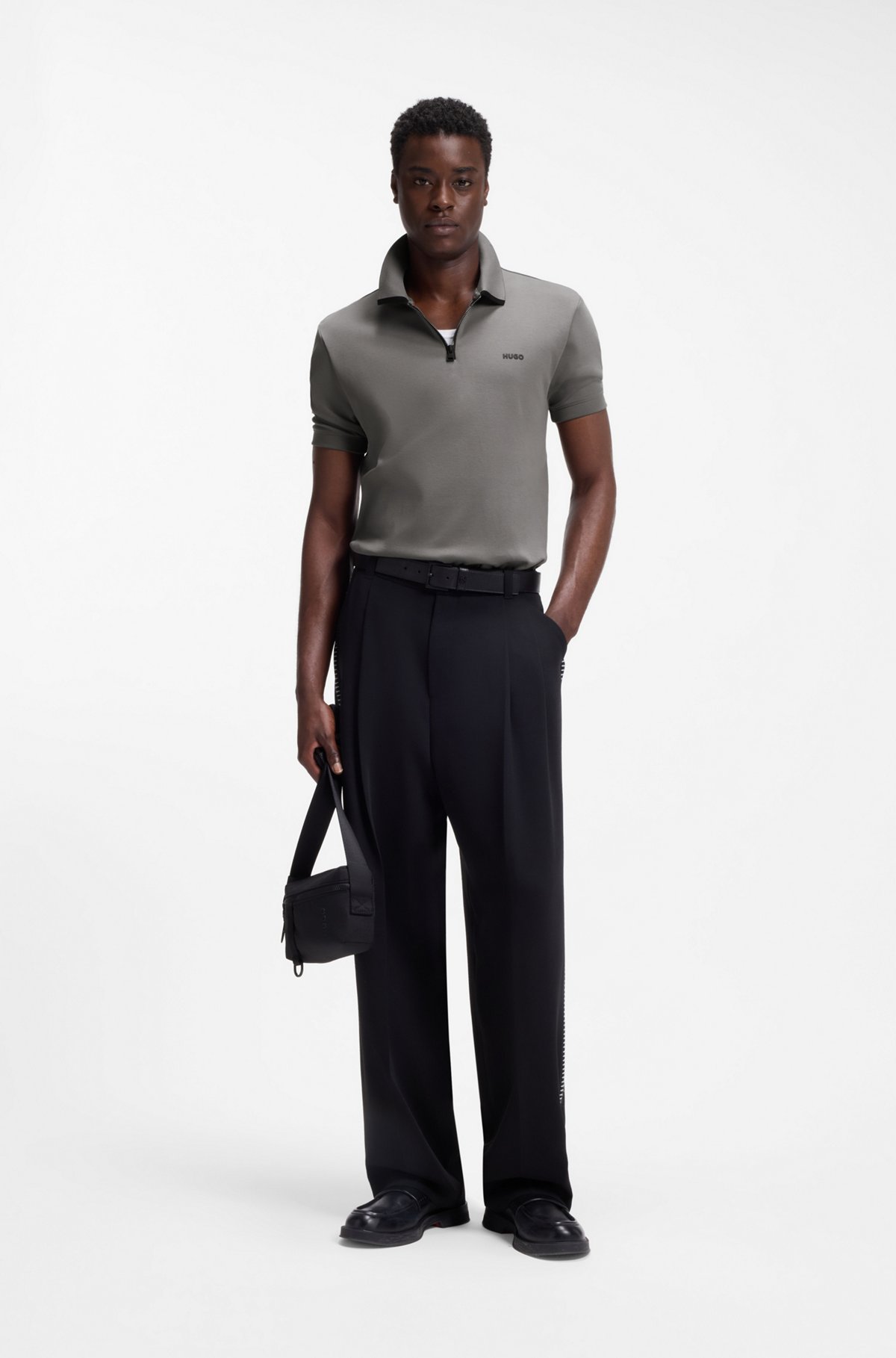 Cotton piqué polo shirt with zip neckline, Dark Grey