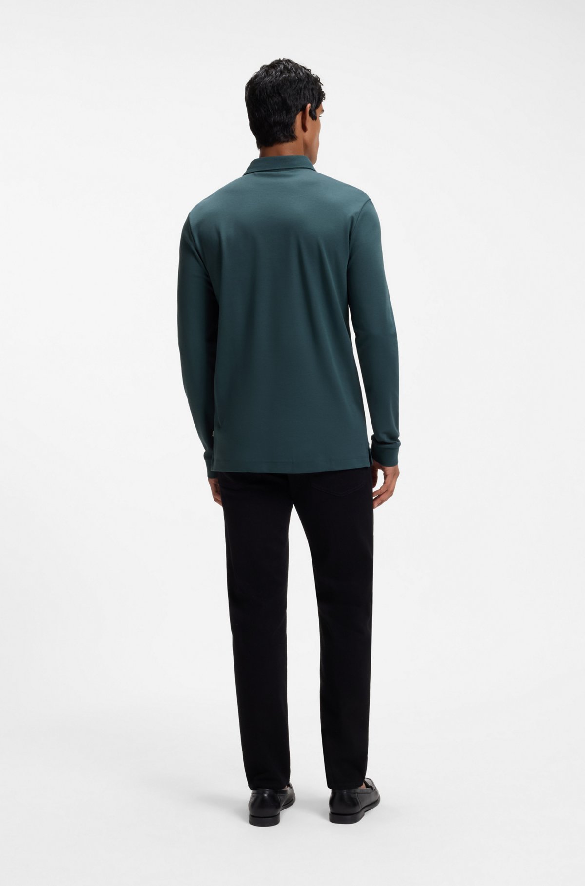 Long-sleeved polo shirt in interlock cotton with logo, Dark Green
