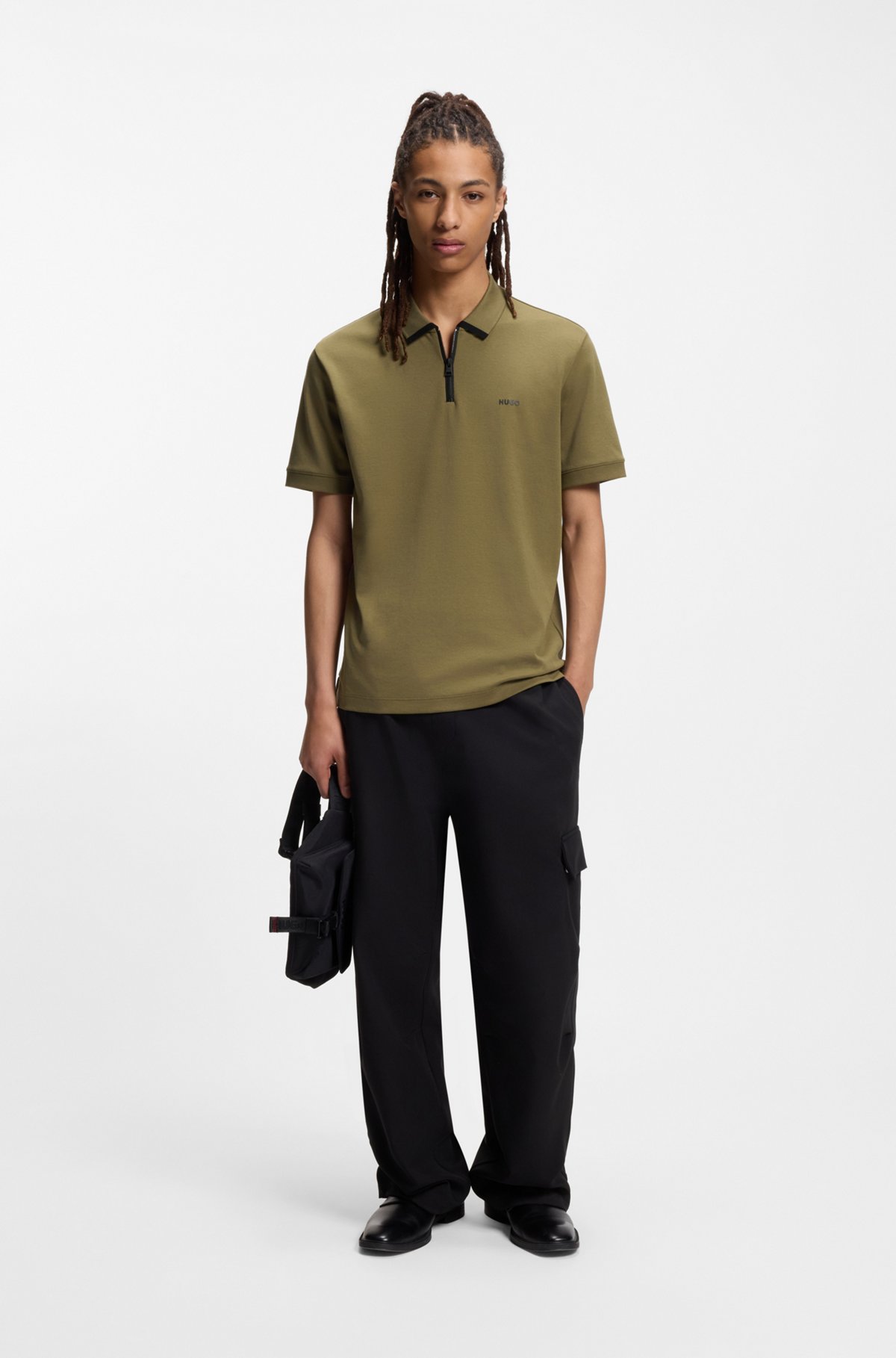 Cotton piqué polo shirt with zip neckline, Olive