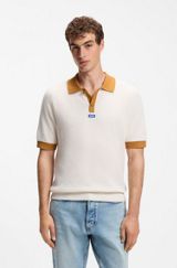 Waffle-knit polo in cotton with contrast trims, Natural