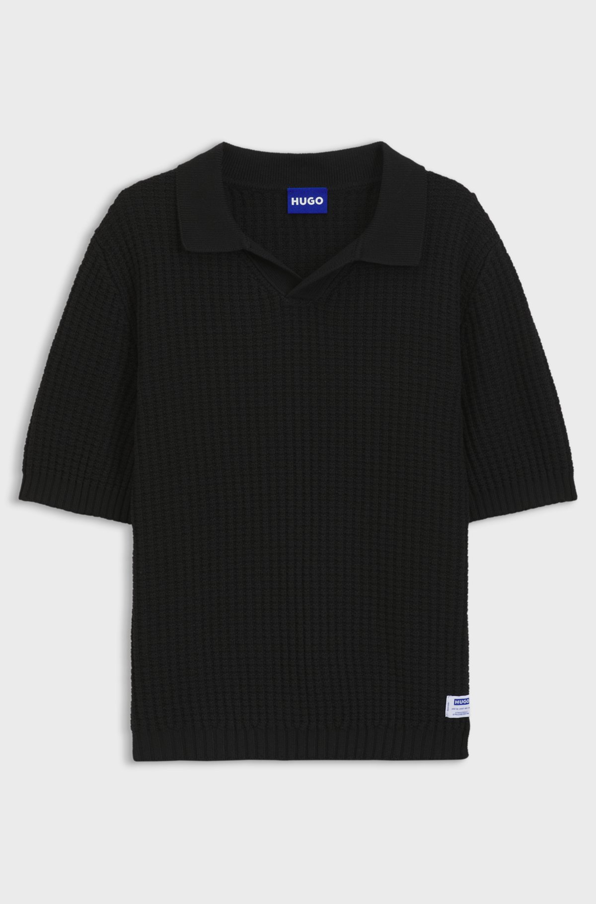 Waffle-structure knit polo with Johnny collar, Black