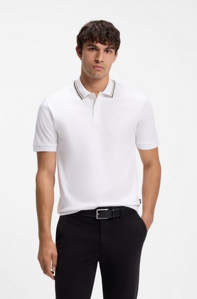 Slim-fit polo shirt in cotton with striped collar, White