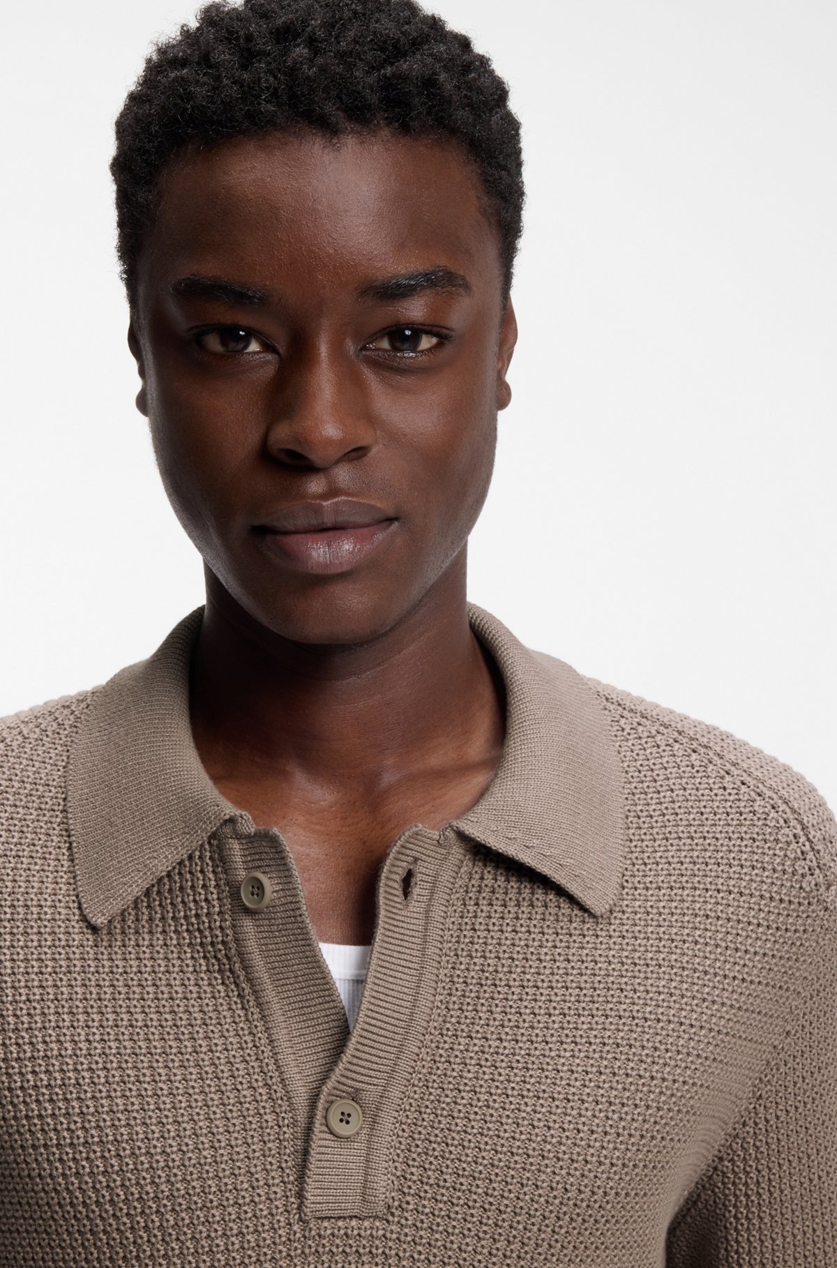 Relaxed-fit sweater in structured cotton with polo collar, Brown