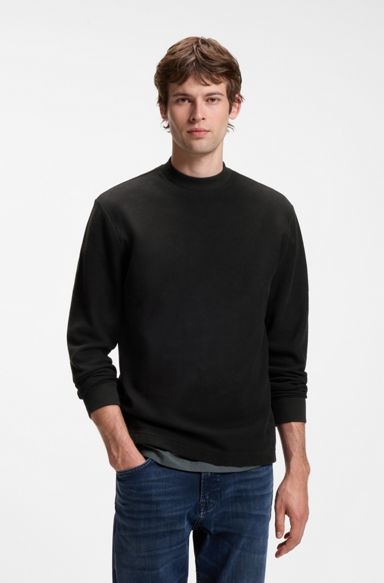 Long-sleeved T-shirt in cotton with mock neckline, Black