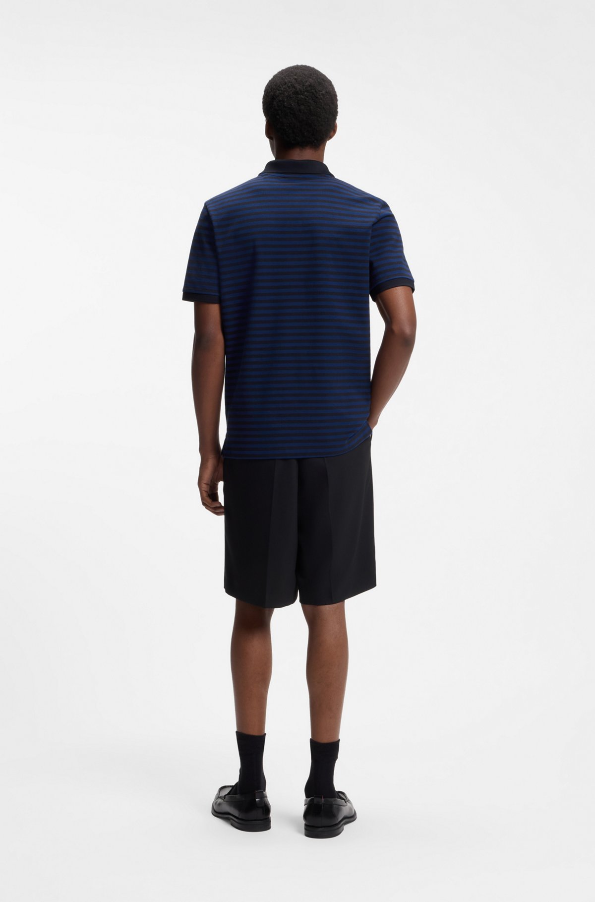 Cotton-piqué polo shirt with horizontal stripe, Black / Dark Blue