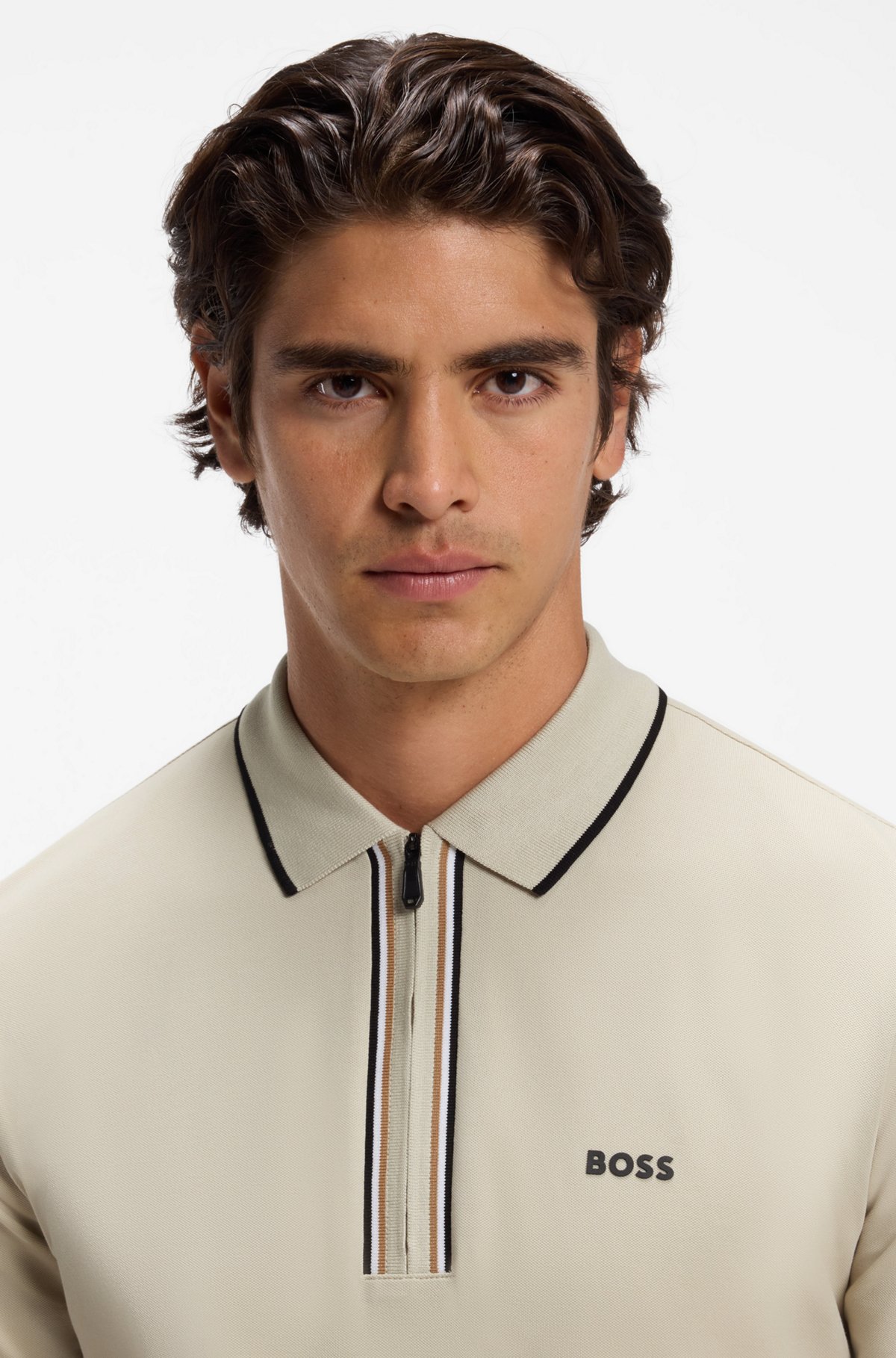 Active Slim-fit polo shirt in moisture-wicking stretch cotton, Light Beige