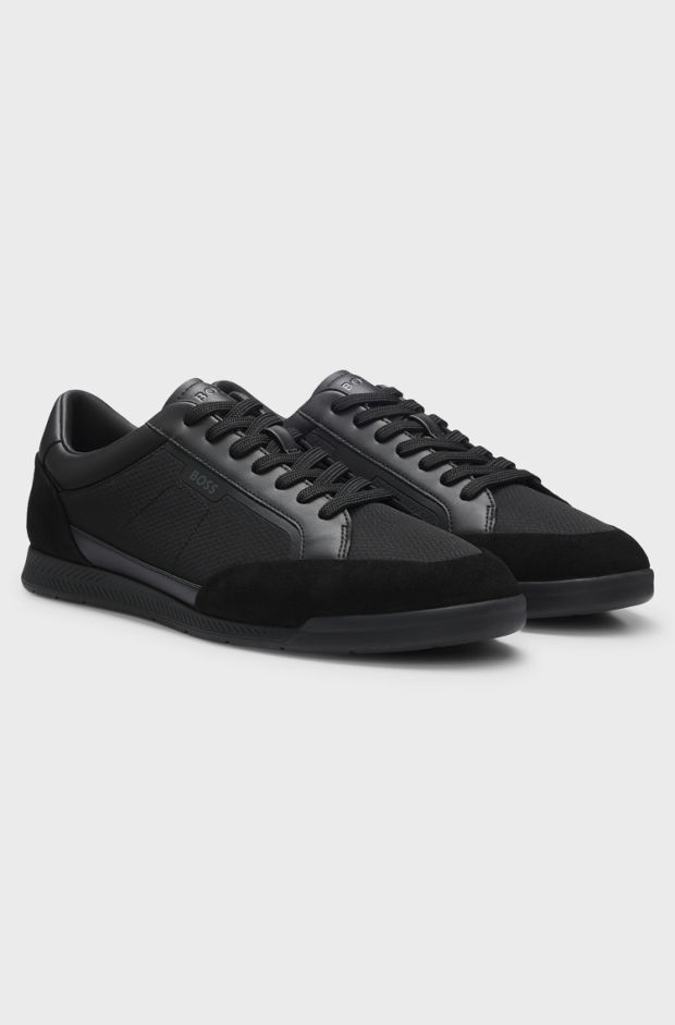 Mixed-material trainers with stitched detailing, Black