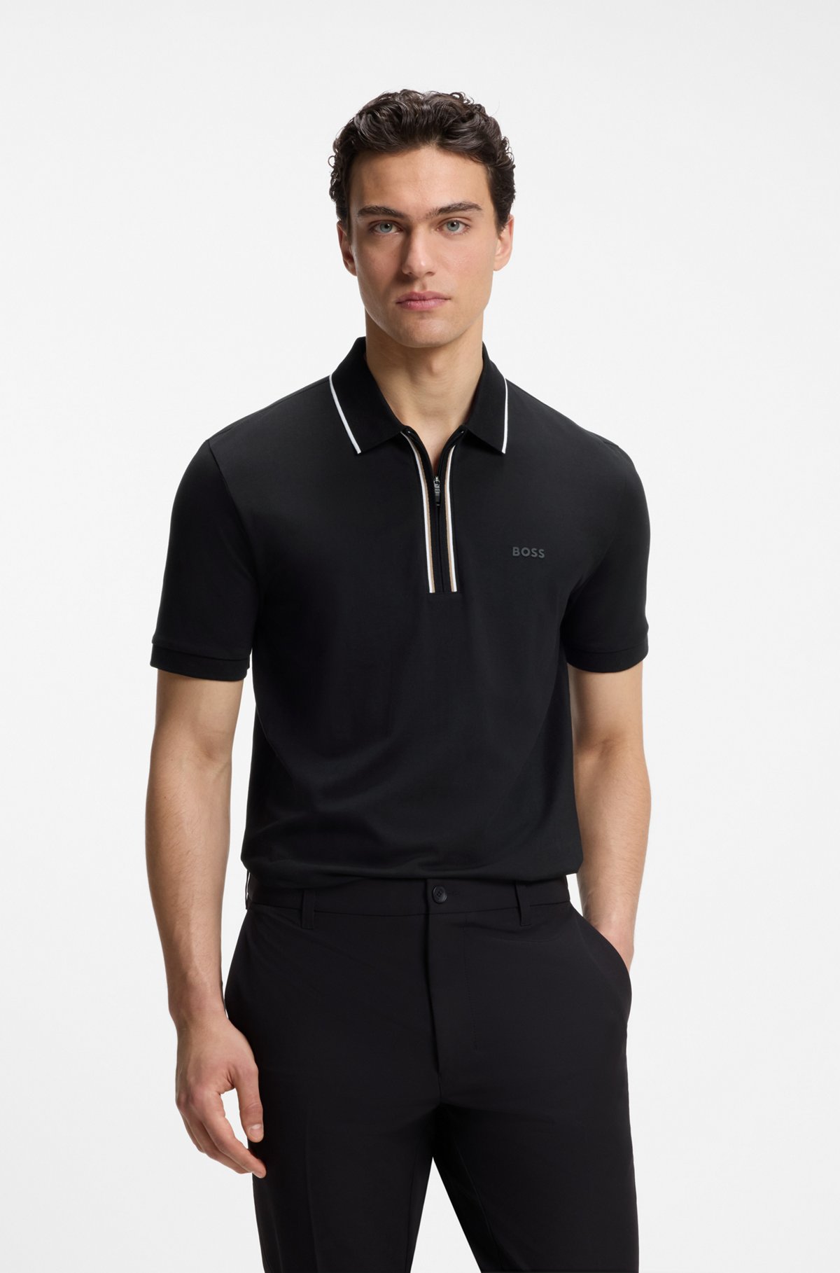 Active Slim-fit polo shirt in moisture-wicking stretch cotton, Black