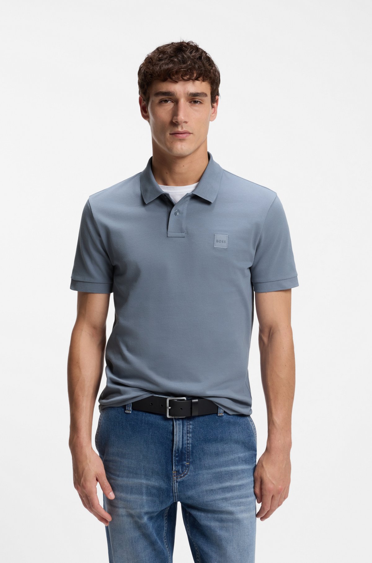 Stretch-cotton slim-fit polo shirt with logo patch, Blue