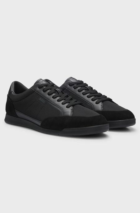 Mixed-material trainers with stitched detailing, Black