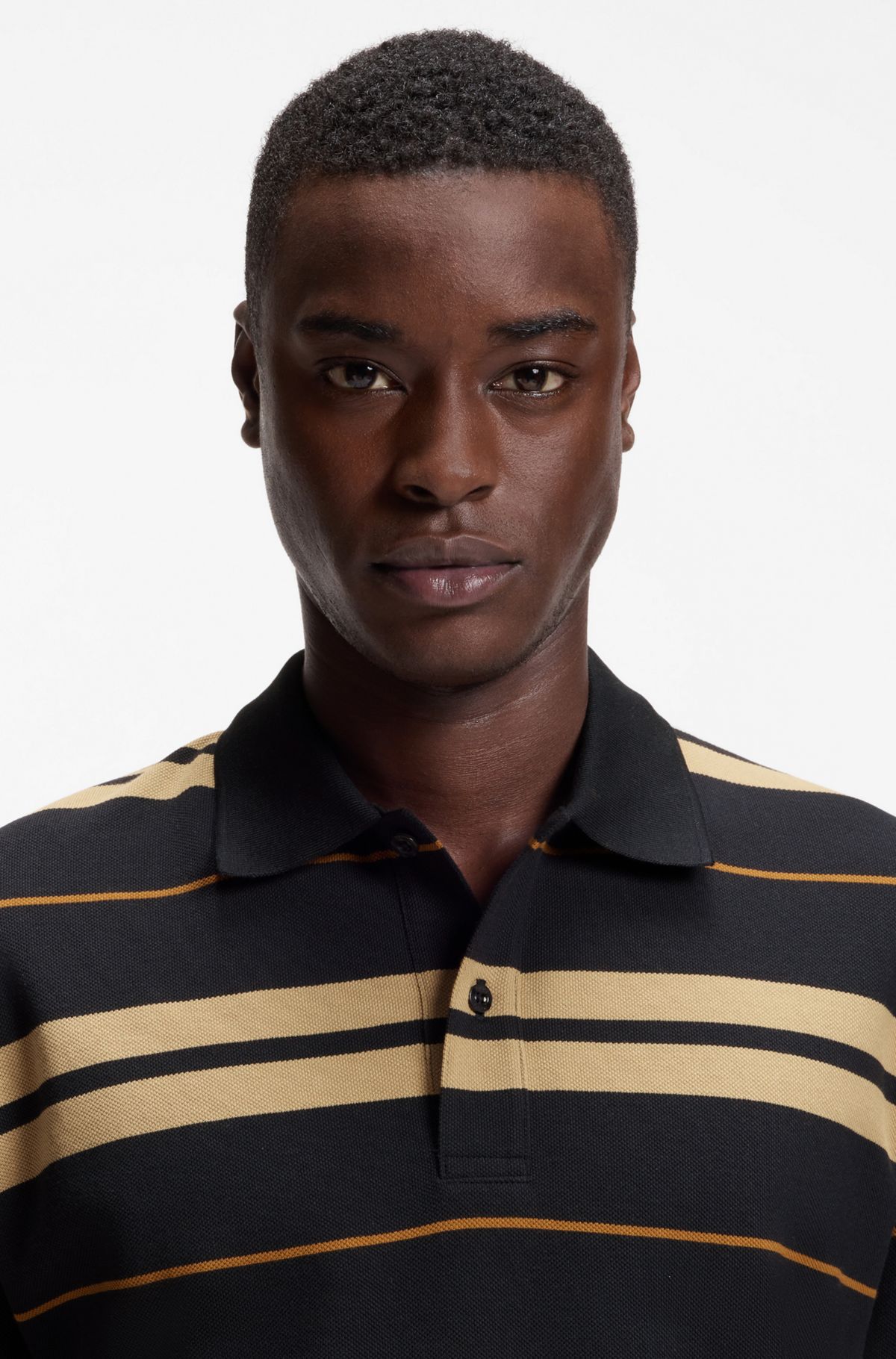 Regular-fit polo in cotton piqué with engineered stripes, Blue / Beige