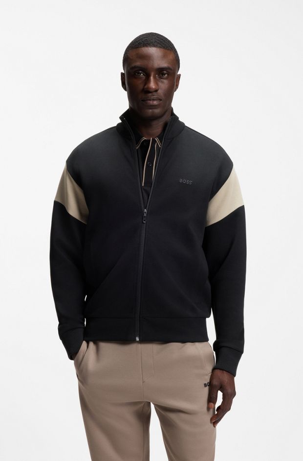 Zip-up cotton-blend sweatshirt with contrast inserts, Black