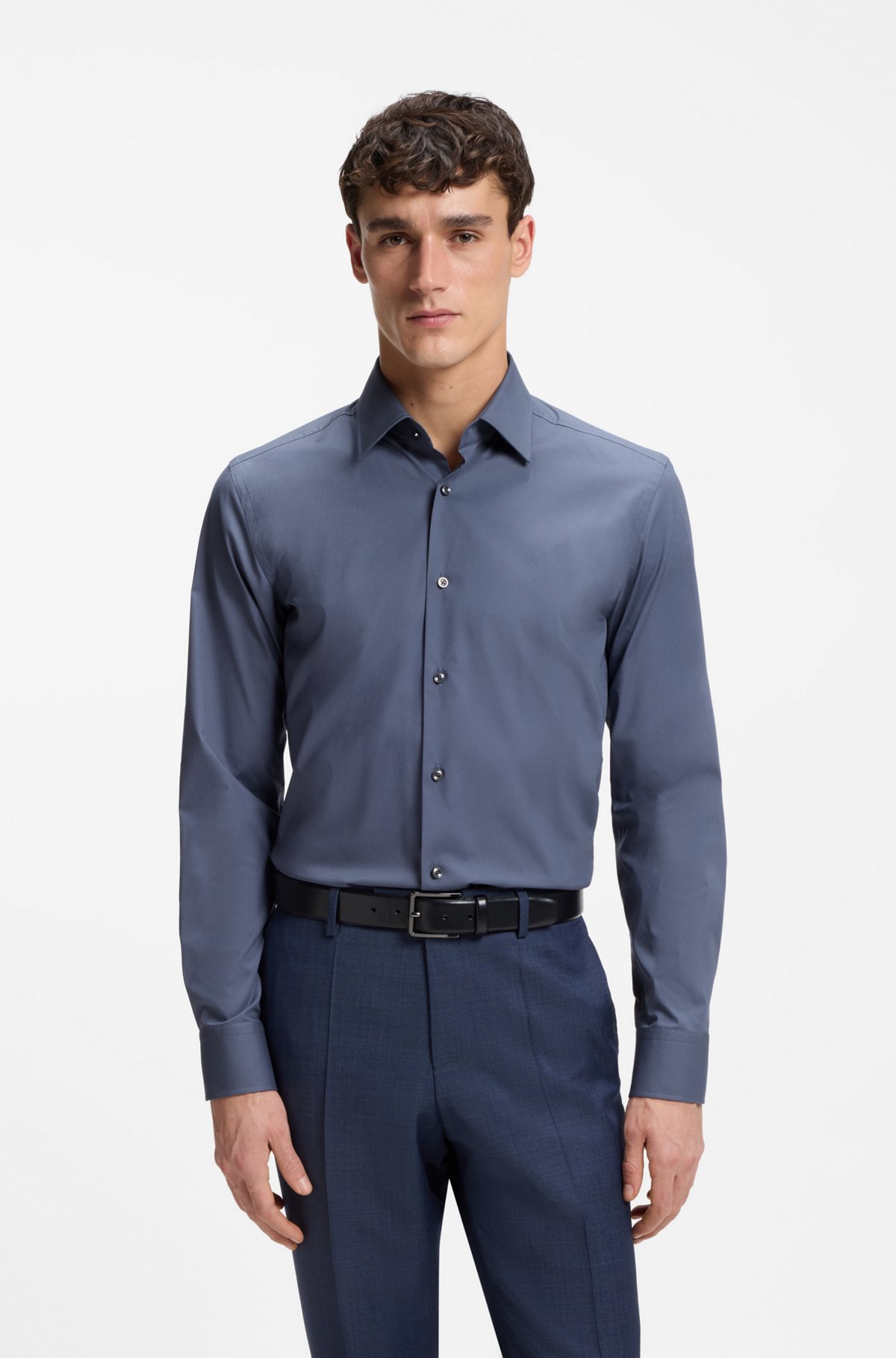 Slim-fit stretch-cotton shirt, Dark Blue