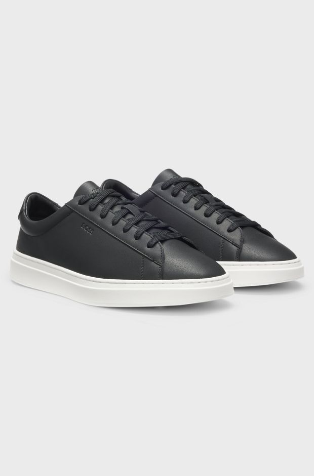 Cupsole trainers in leather with signature-stripe stitching, Black
