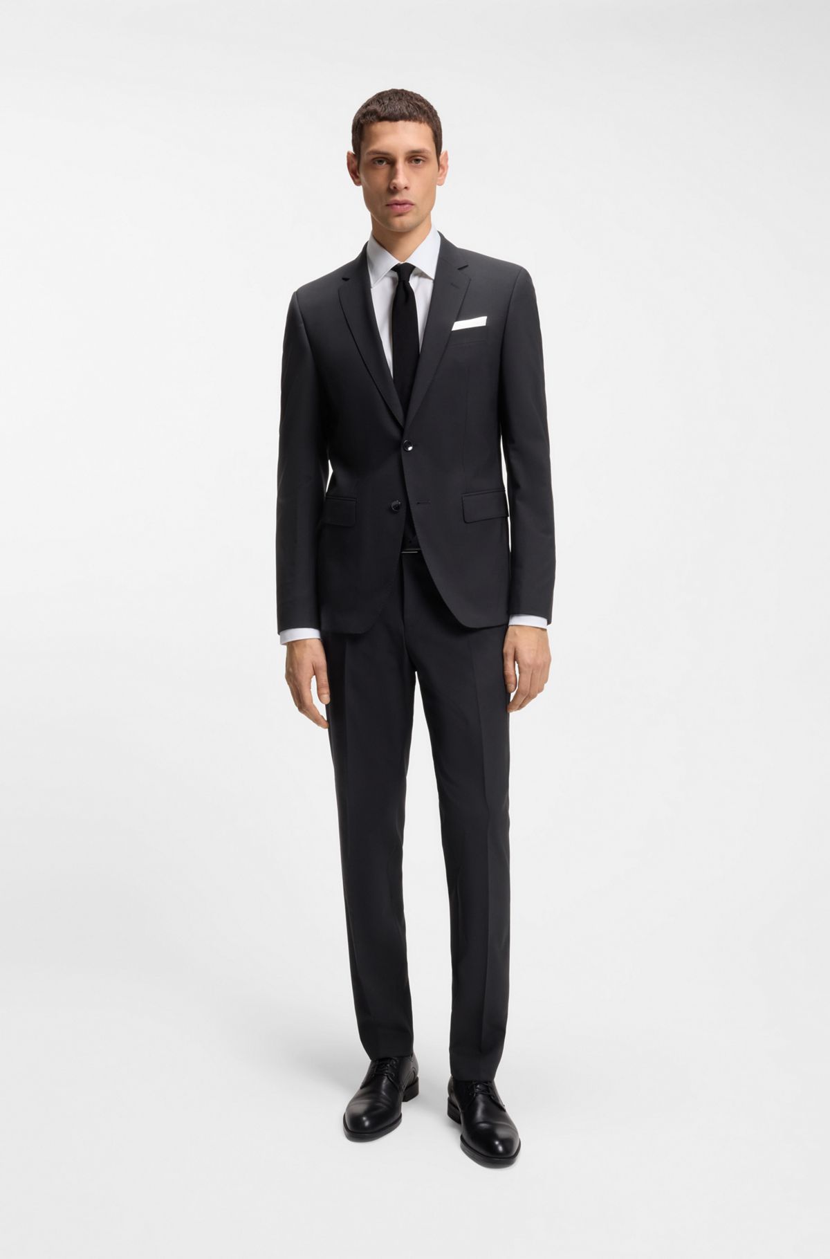 Two-piece slim-fit suit in stretch wool, Black