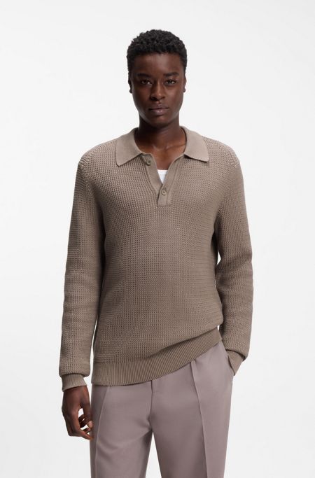 Relaxed-fit sweater in structured cotton with polo collar, Brown