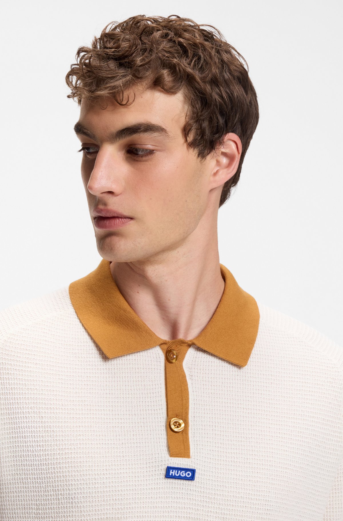 Waffle-knit polo in cotton with contrast trims, Natural