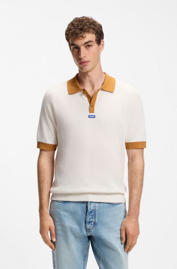 Waffle-knit polo in cotton with contrast trims, Natural