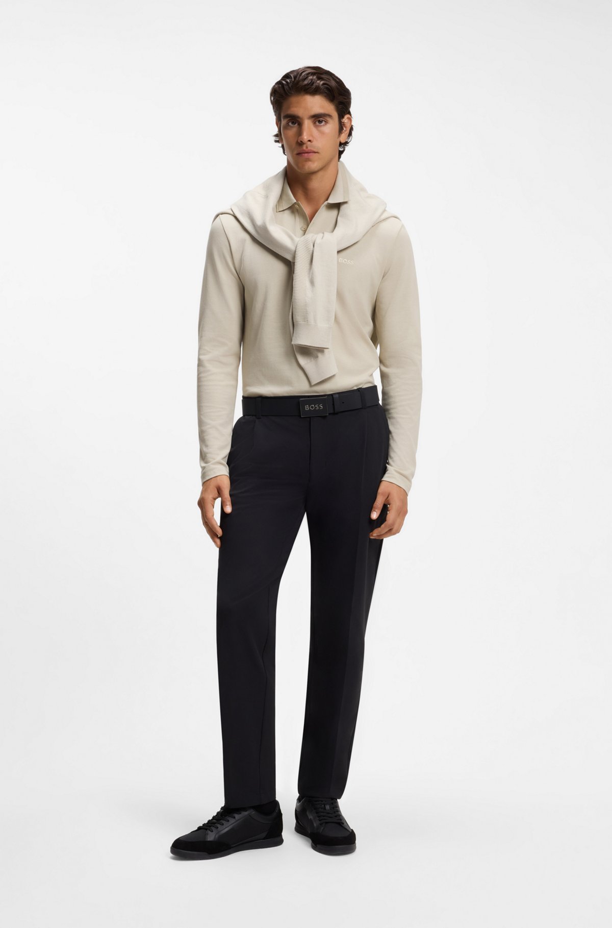 Long-sleeved cotton piqué polo shirt, Light Beige