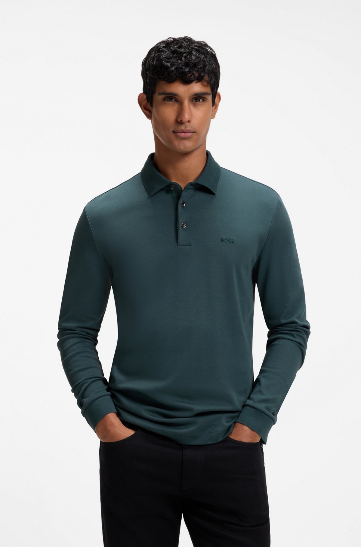 Long-sleeved polo shirt in interlock cotton with logo, Dark Green
