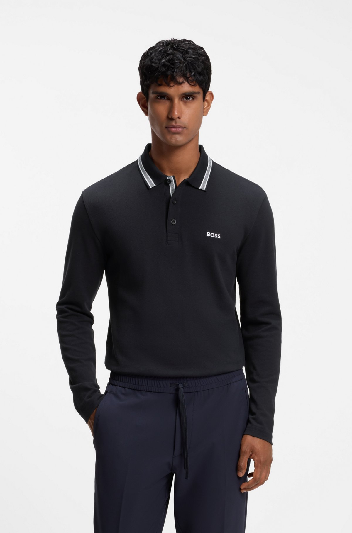 Long-sleeved cotton piqué polo shirt, Dark Blue