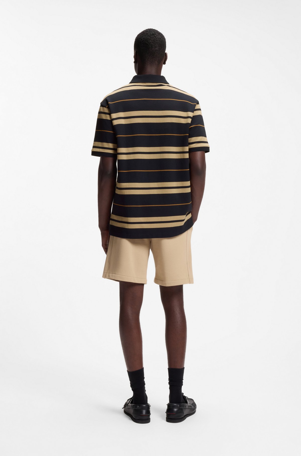 Regular-fit polo in cotton piqué with engineered stripes, Blue / Beige