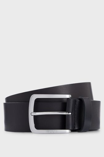 Italian-leather belt with logo-engraved buckle, Black