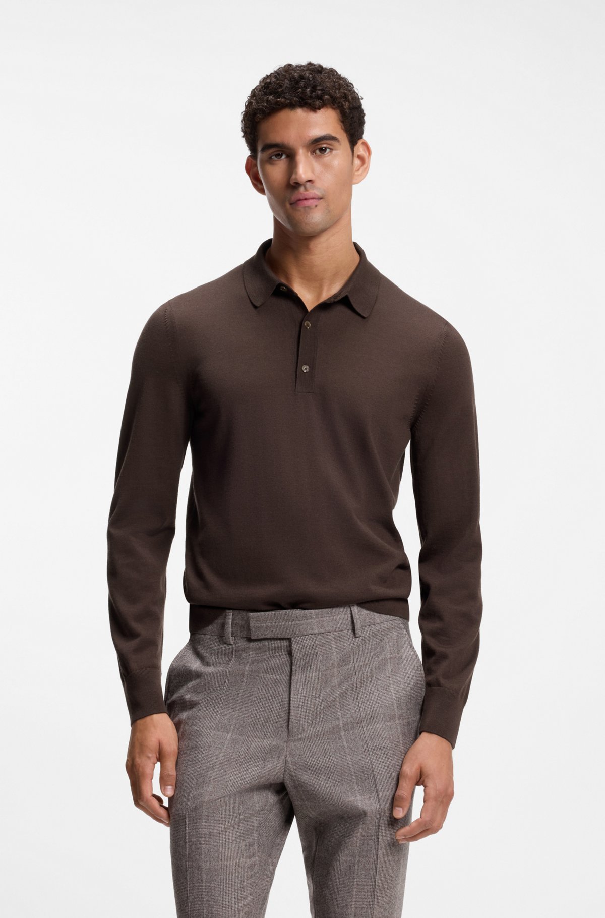 Merino-wool polo sweater, Dark Brown