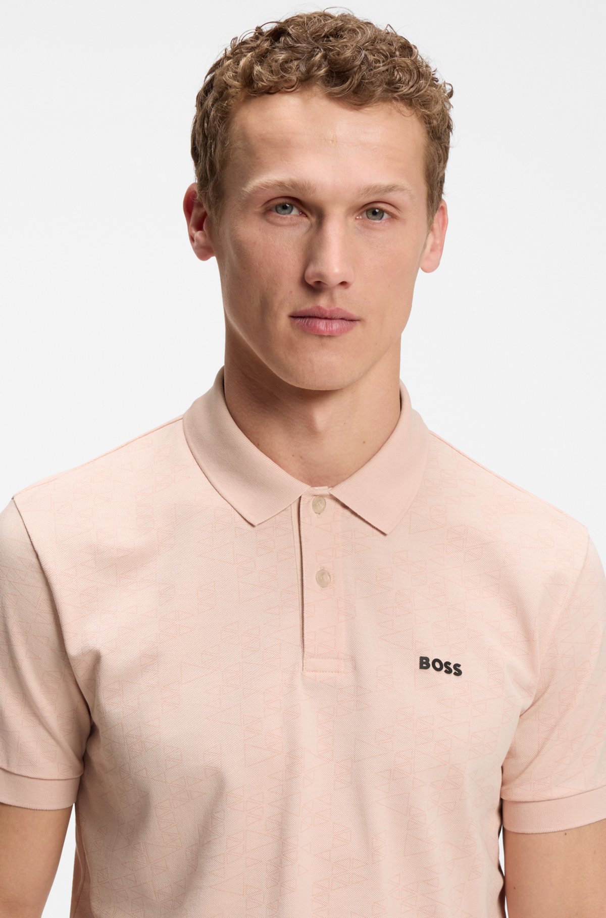Cotton-piqué polo shirt with all-over print, Light Orange
