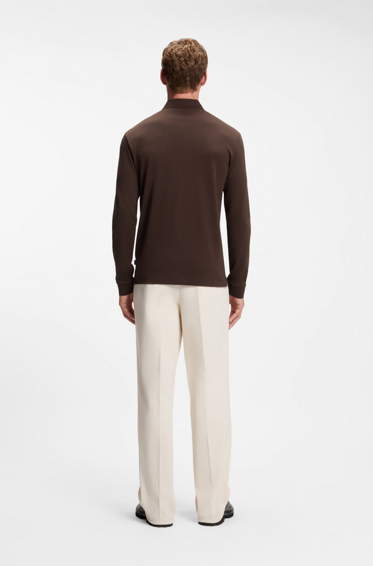 Long-sleeved polo shirt in interlock cotton with logo, Dark Brown