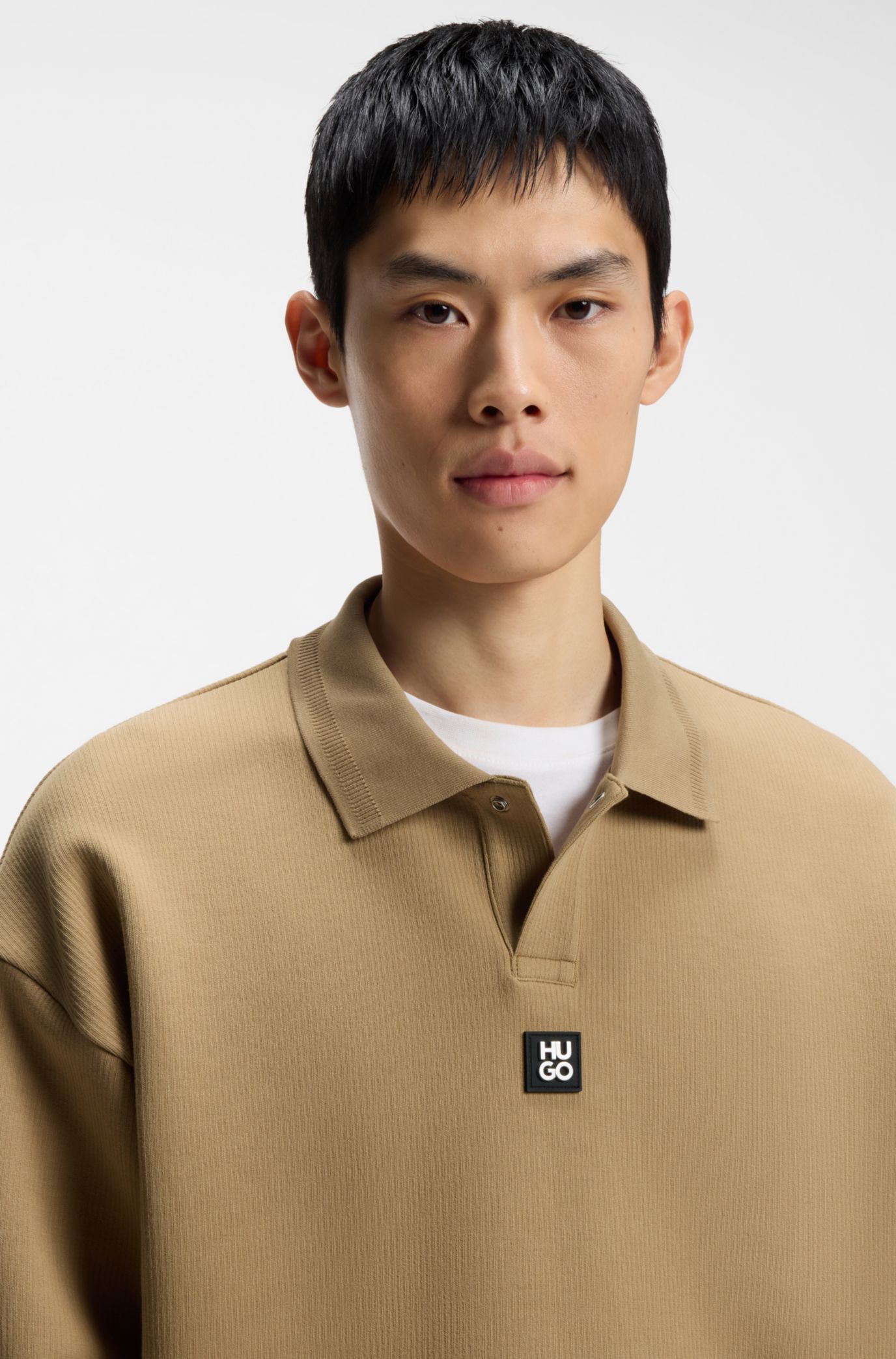 Structured cotton-blend sweatshirt with polo collar, Beige