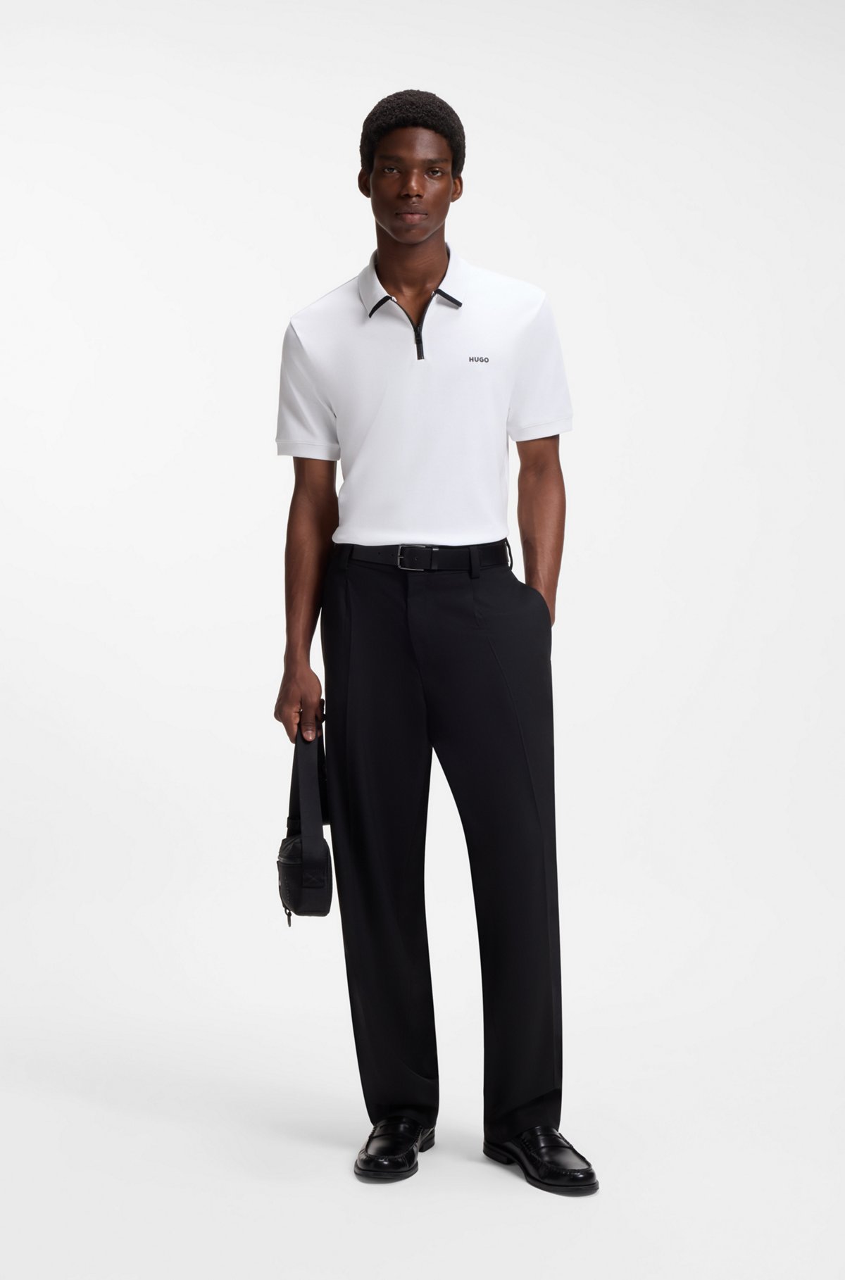 Cotton piqué polo shirt with zip neckline, White