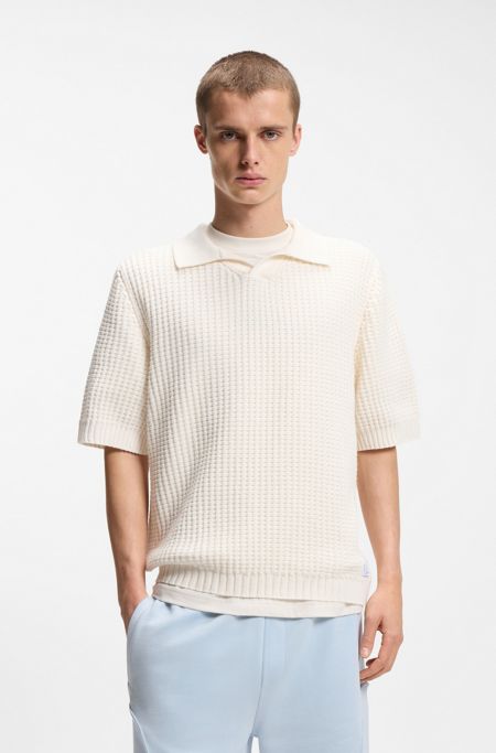 Waffle-structure knit polo with Johnny collar, Natural