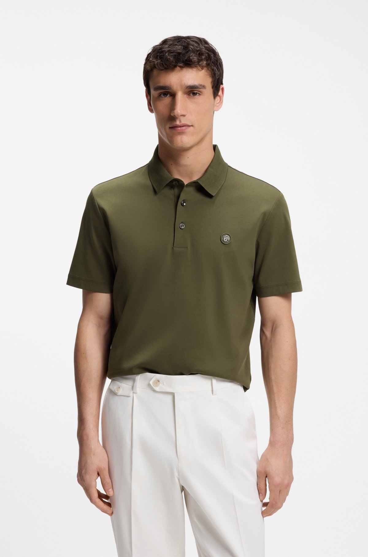 Polo shirt in mercerised cotton with Double B monogram, Olive