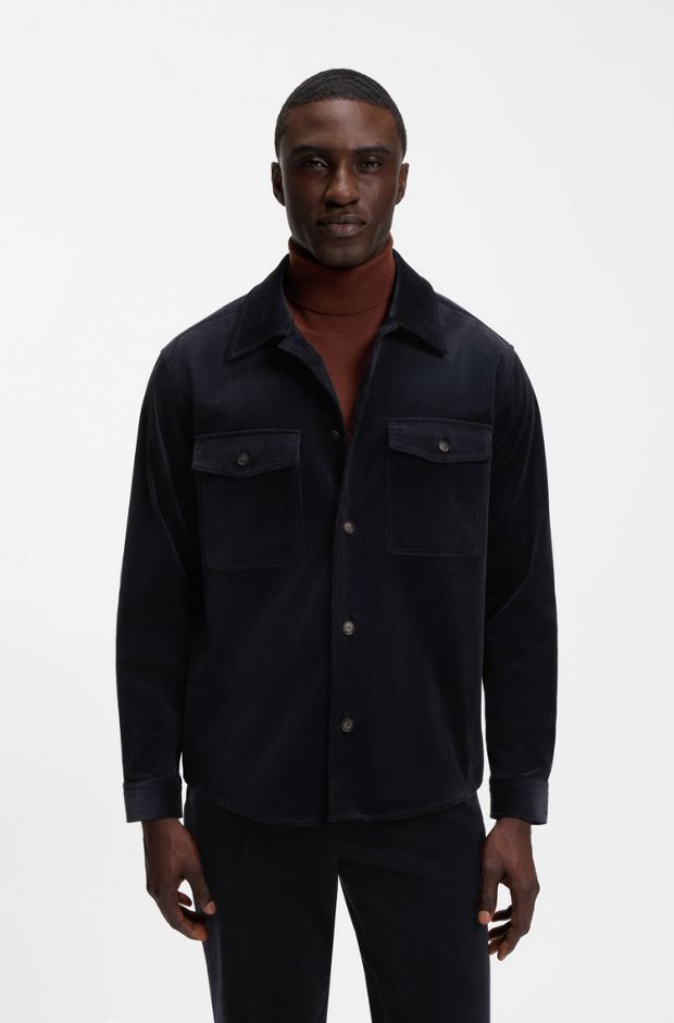 Relaxed-fit blazer in micro-pattern stretch cotton, Dark Blue