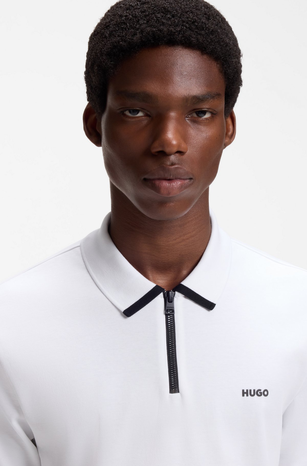 Cotton piqué polo shirt with zip neckline, White