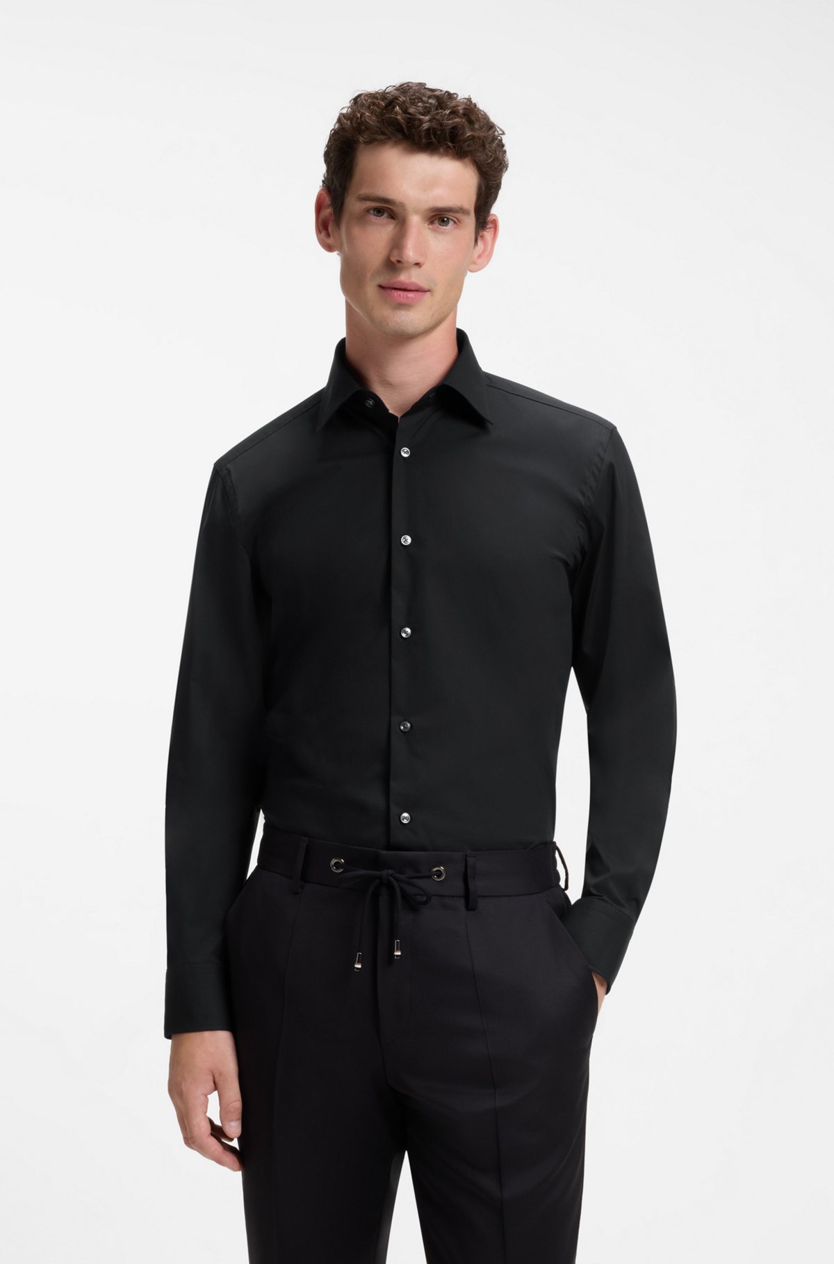 Slim-fit stretch-cotton shirt, Black