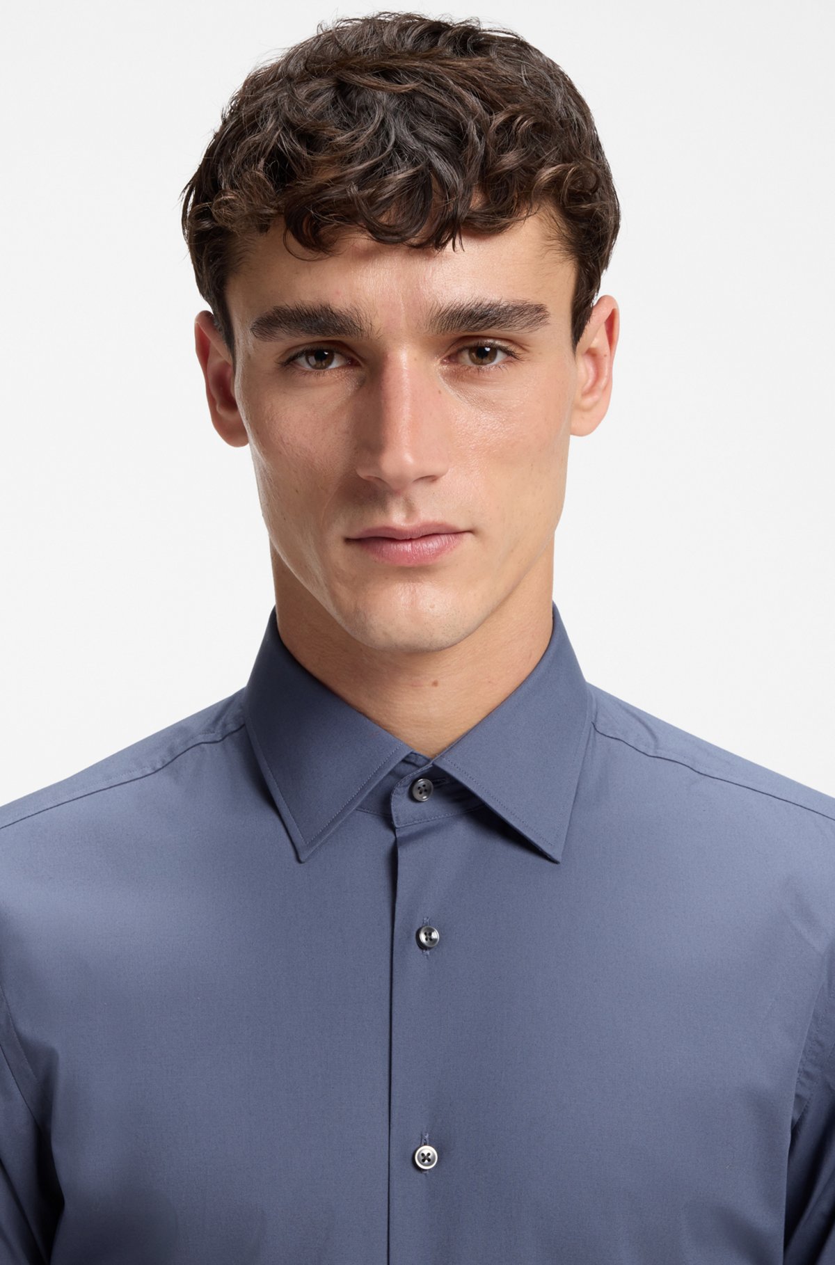 Slim-fit stretch-cotton shirt, Dark Blue