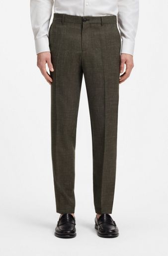 Slim-fit trousers in virgin wool and linen, Dark Green