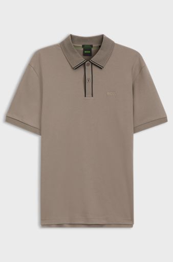 Striped-trim polo shirt in interlock cotton, Light Brown