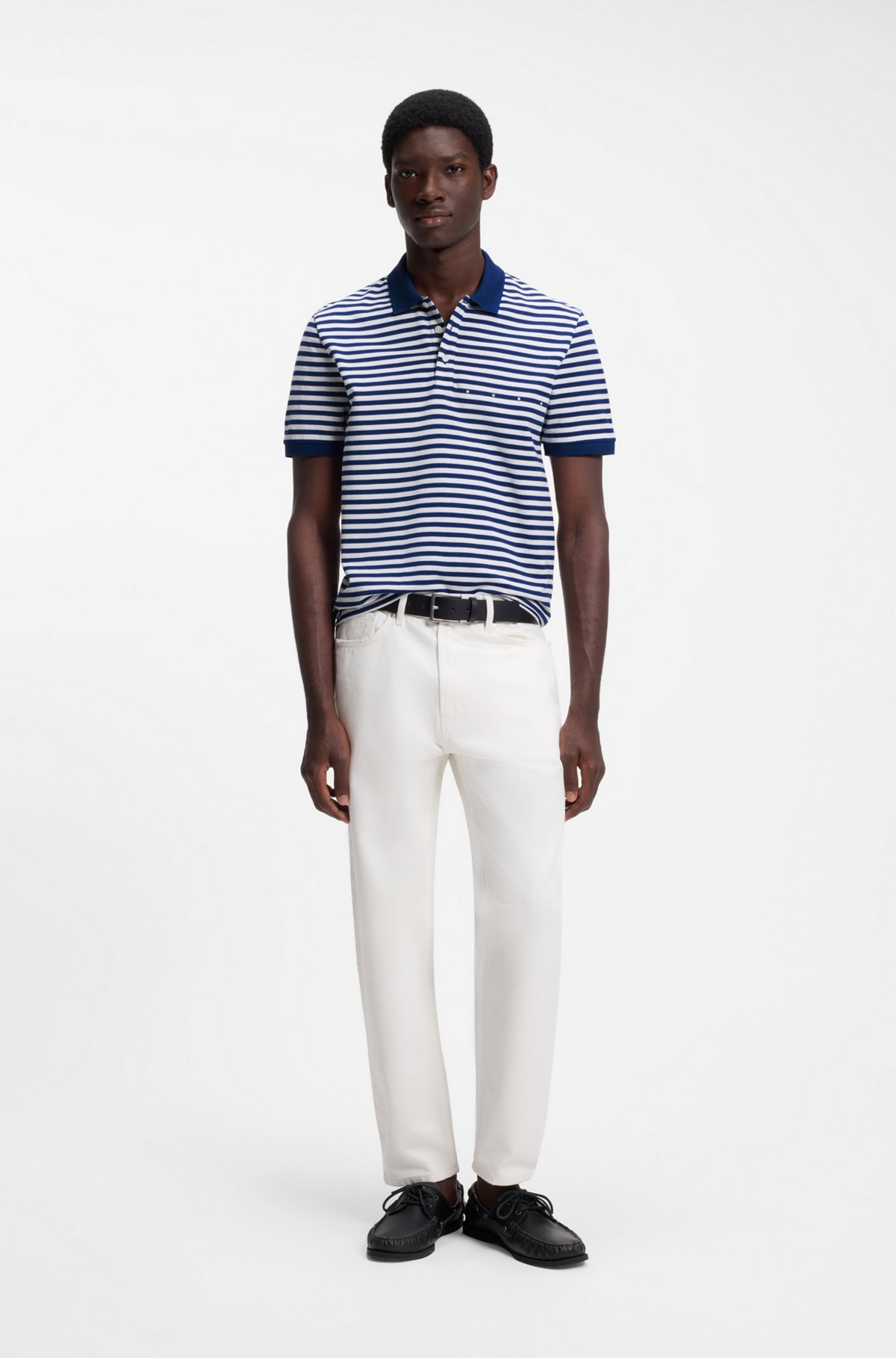 Cotton-piqué polo shirt with horizontal stripe, White / Blue
