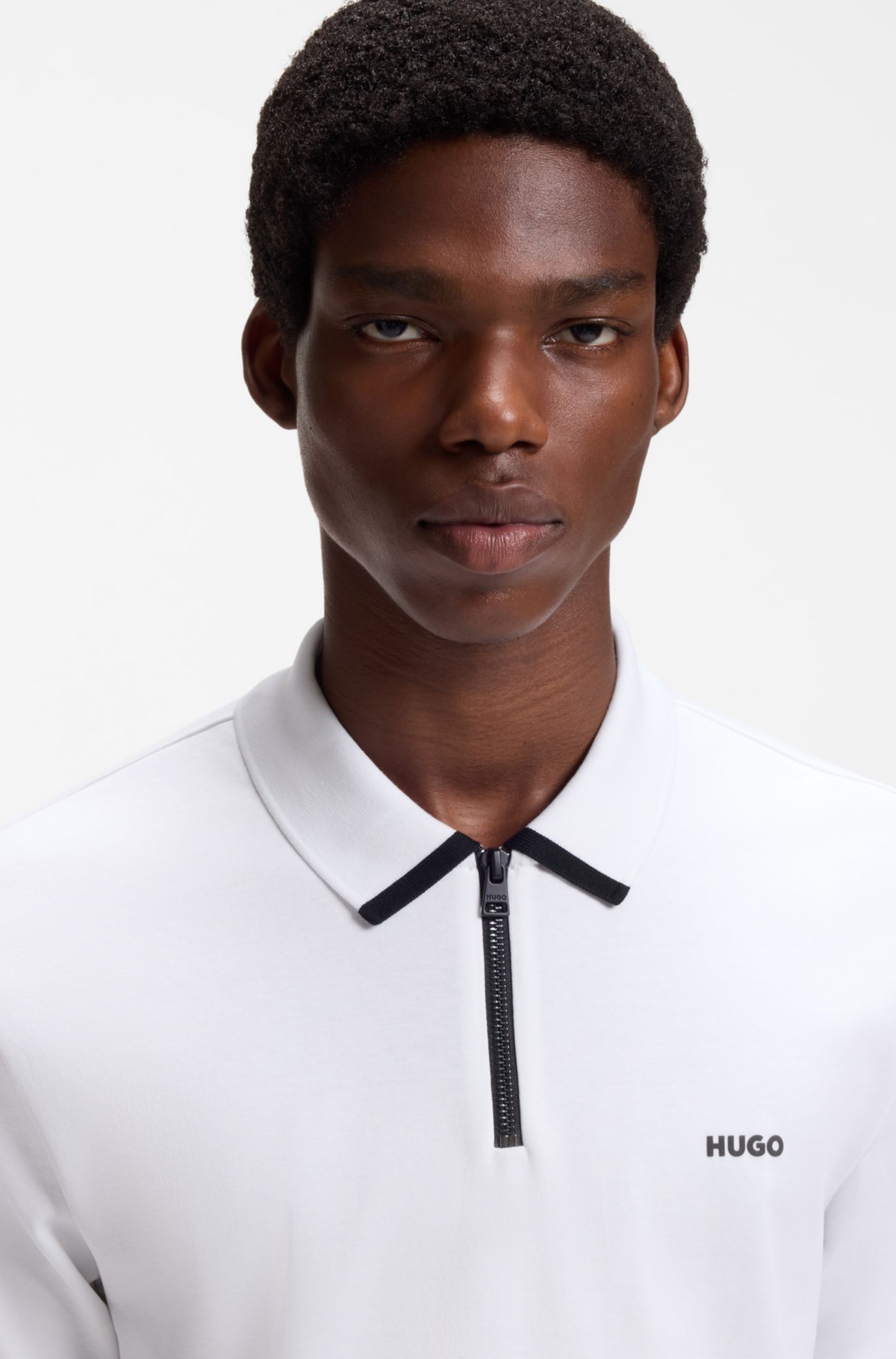Cotton piqué polo shirt with zip neckline, White