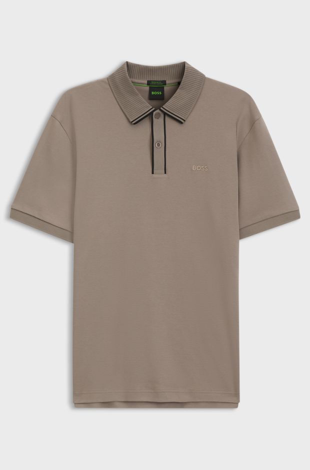 Striped-trim polo shirt in interlock cotton, Light Brown