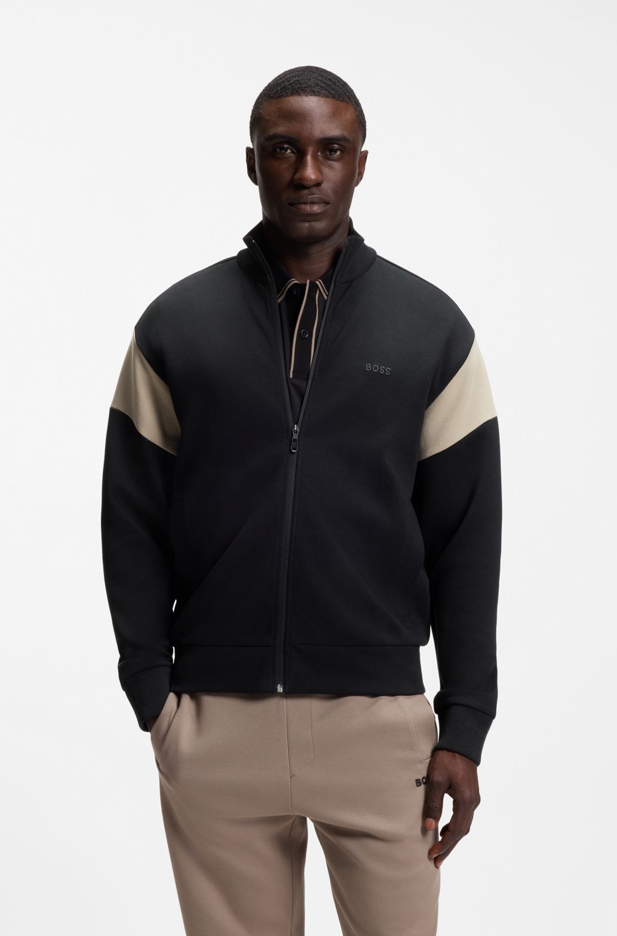 Zip-up cotton-blend sweatshirt with contrast inserts, Black